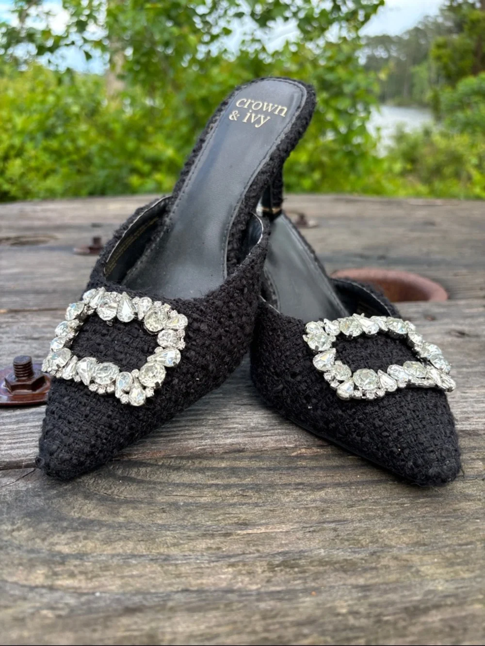 Crown & Ivy Women’s Sz6.5M Black Pointed Toe Mule with Crystal Buckle#317 - Picture 11 of 11